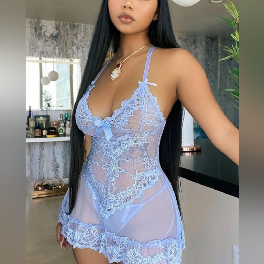 Women's Light Blue 2 Piece Lace Babydoll Chemise and G String Set Size Large
